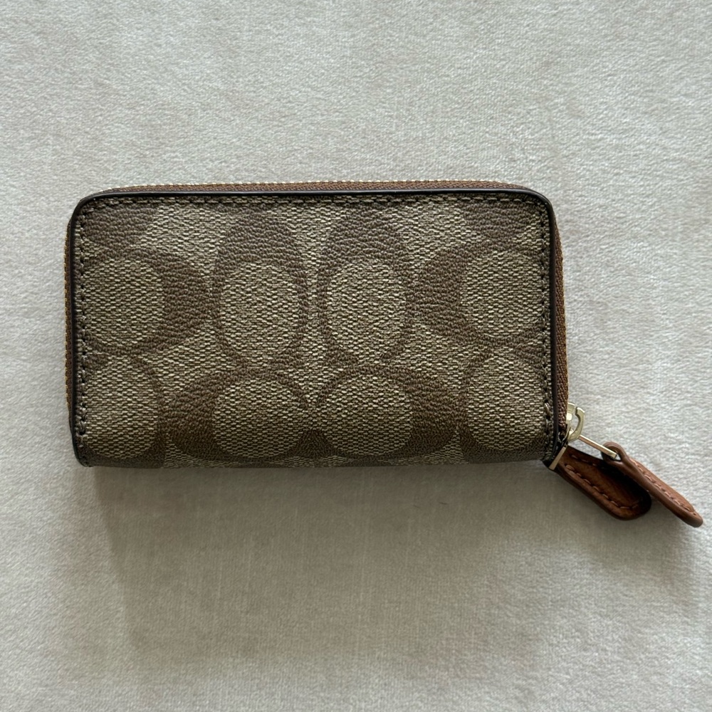 COACH Brown Signature Leather Double Zip Coin Mini Wallet Like New - Picture 2 of 7